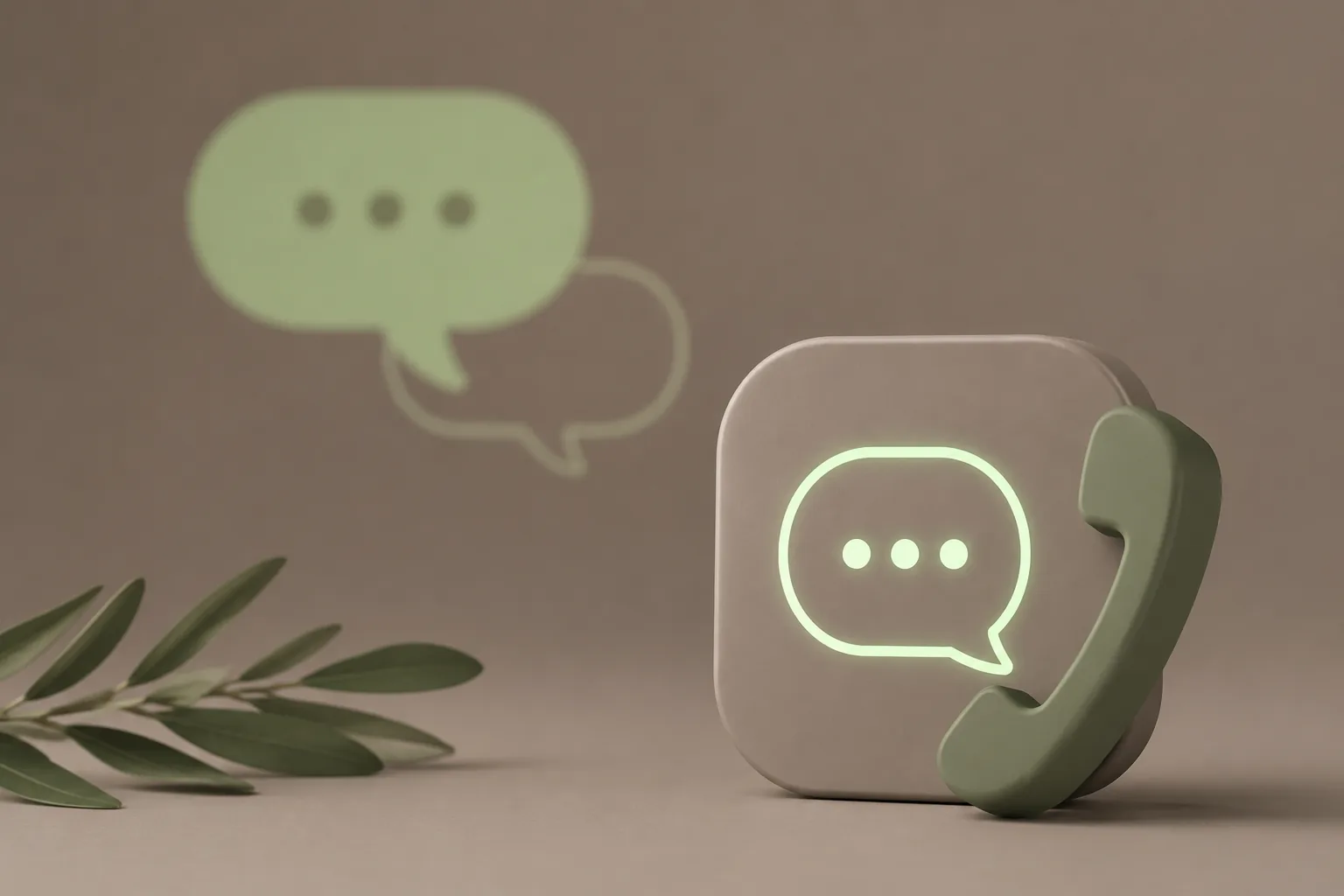 Agent vocal IA ROJEO IA : combiné téléphonique et bulle de message sur fond taupe, symbole du standard téléphonique automatisé 24/7