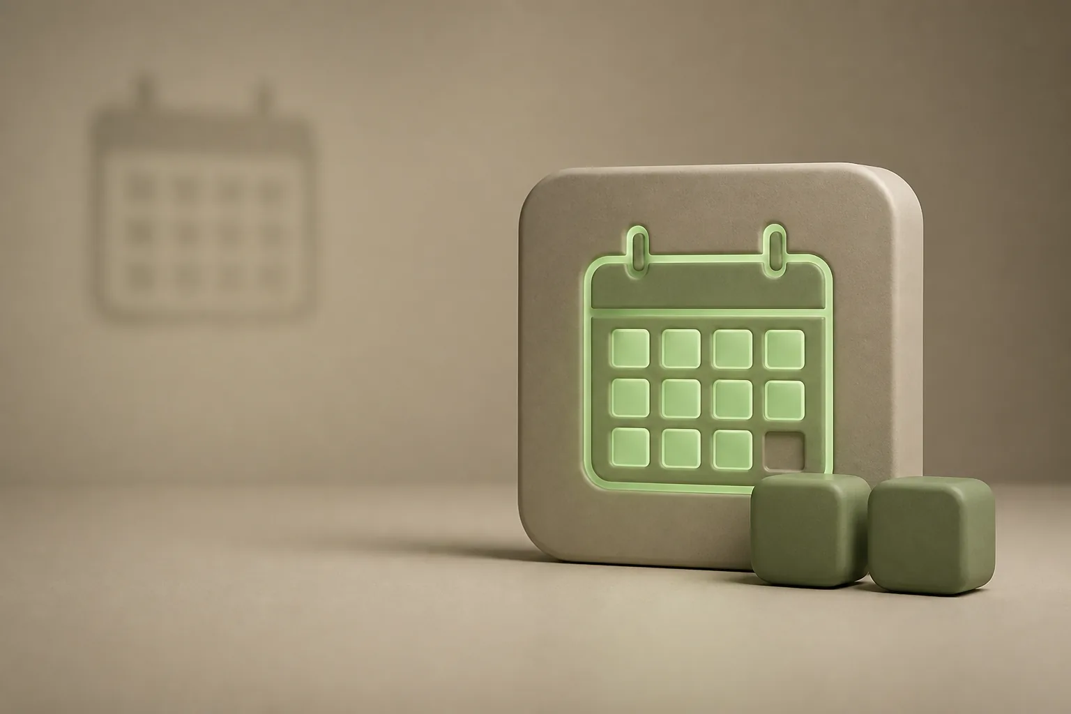 Illustration 3D taupe et vert sauge : tuile mate gravée d’un calendrier lumineux aux créneaux remplis, symbole de l’agenda optimisé par ROJEO IA