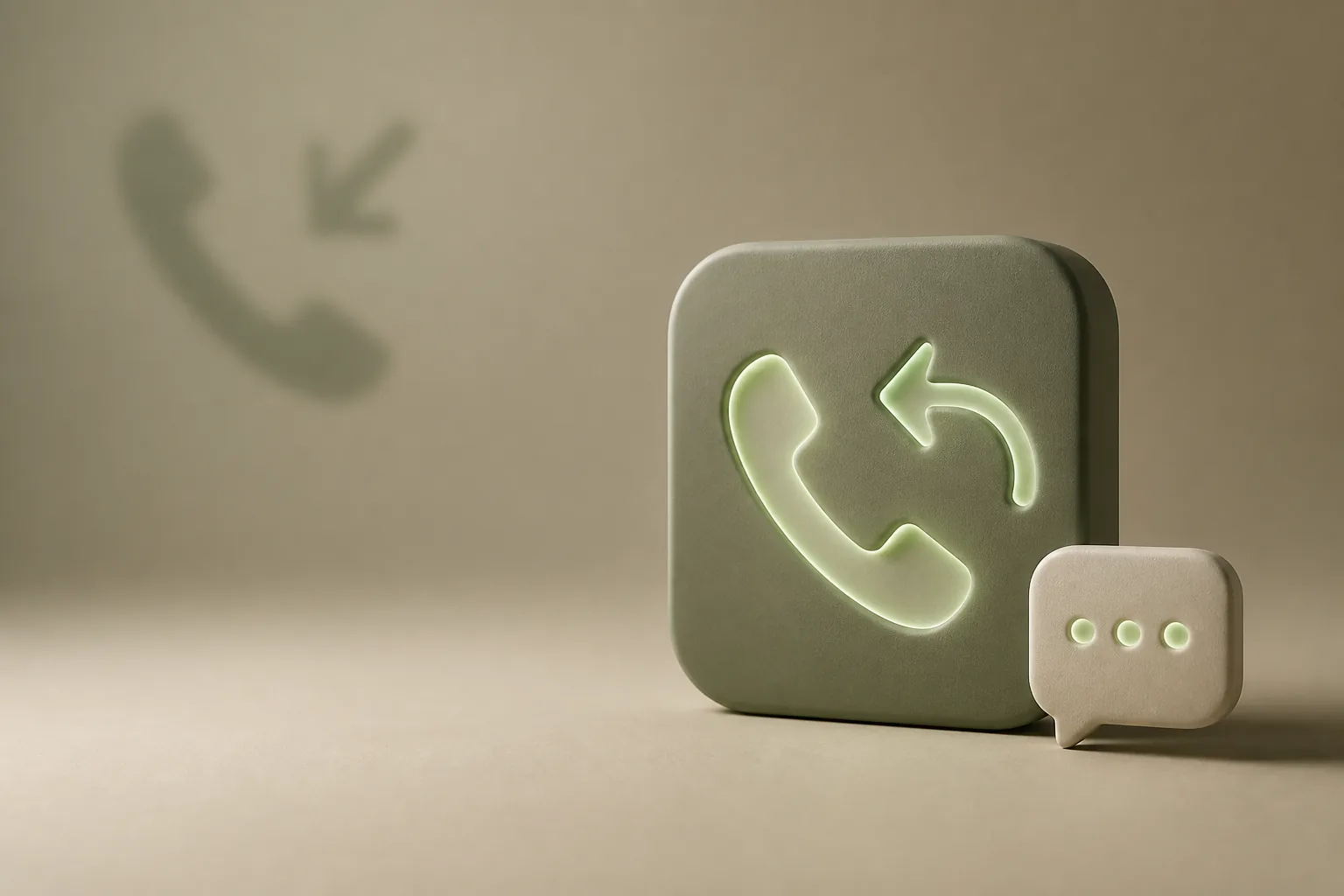 Illustration 3D taupe et vert sauge : tuile mate gravée d’un combiné lumineux avec flèche de rappel et bulle SMS, symbole du dispositif anti no-show ROJEO IA