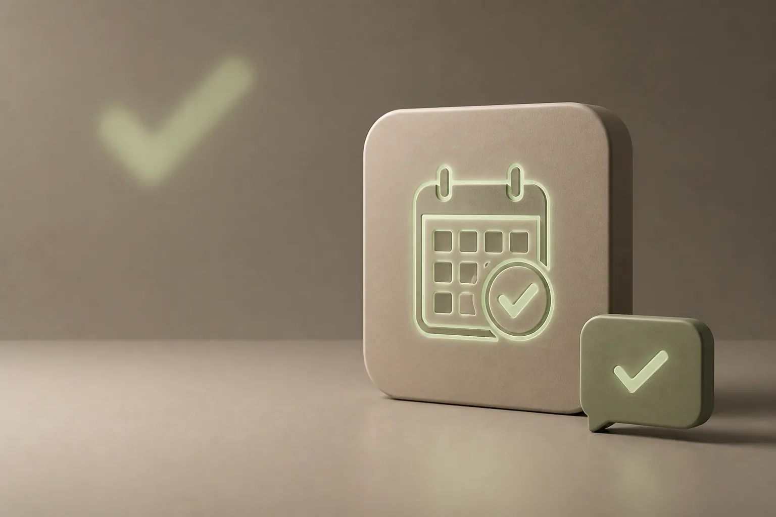 Illustration 3D taupe et vert sauge : tuile mate gravée d’un calendrier lumineux avec coche et bulle de confirmation, symbole des rappels de rendez-vous ROJEO IA