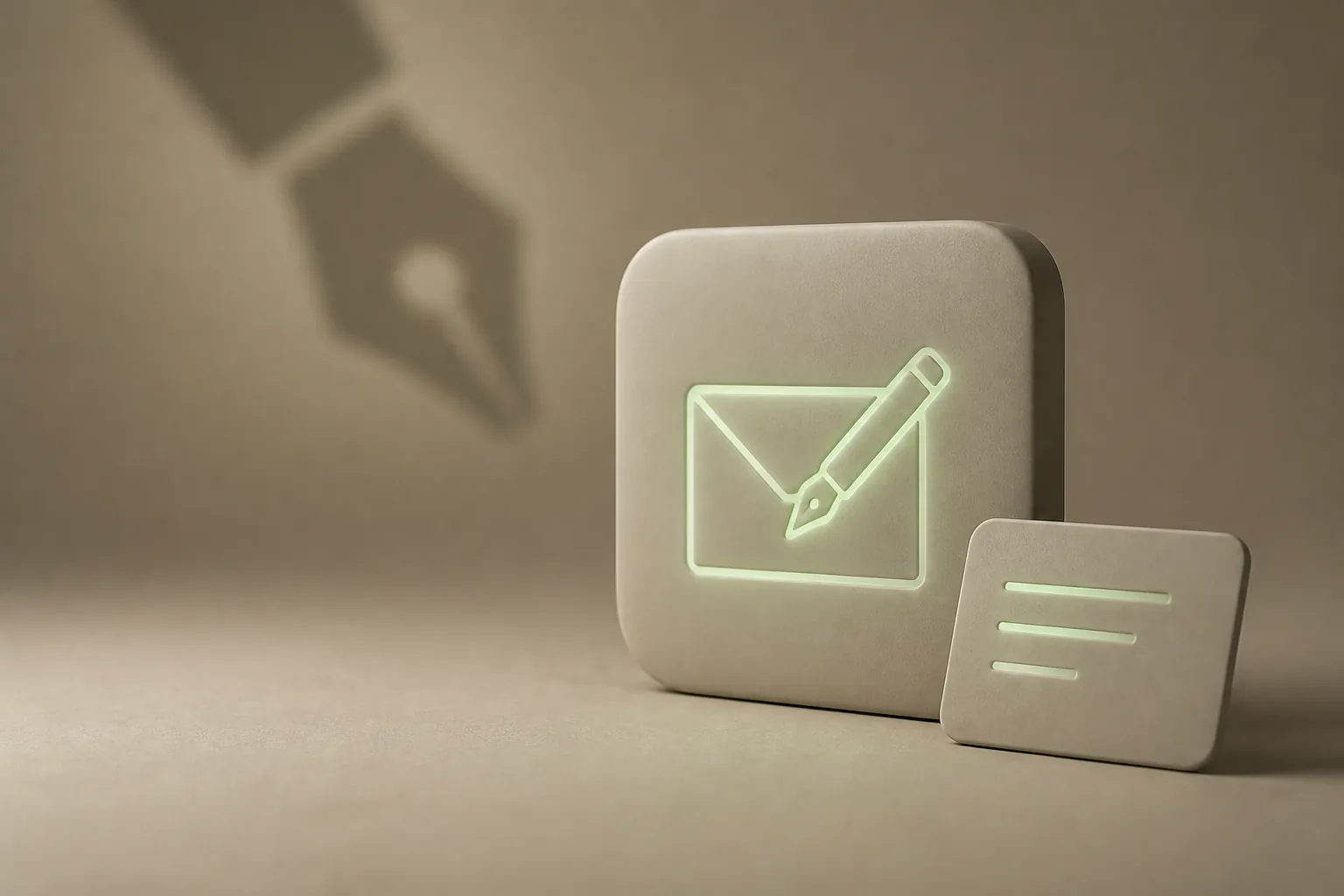 Illustration 3D taupe et vert sauge : tuile mate gravée d’une enveloppe lumineuse avec un stylo et fiche de brouillon, symbole de l’assistant email IA ROJEO IA qui rédige vos réponses