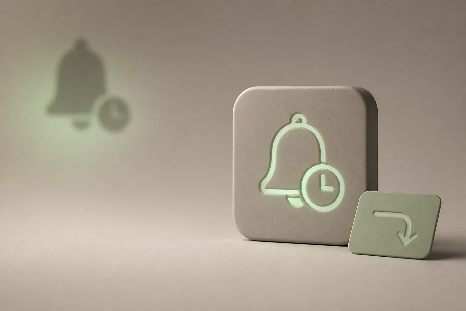 Illustration 3D taupe et vert sauge : tuile mate gravée d’une cloche lumineuse avec horloge et flèche de relance, symbole de l’assistant email IA ROJEO IA qui n’oublie aucune relance