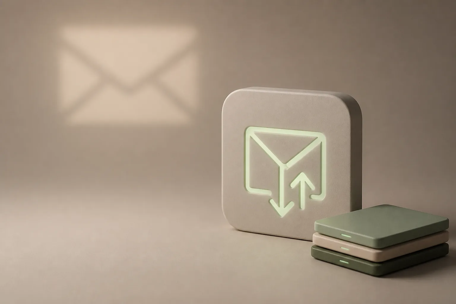Illustration 3D taupe et vert sauge : tuile mate gravée d’une enveloppe lumineuse avec flèches de tri et fiches empilées, symbole de l’assistant email IA ROJEO IA qui trie votre boîte