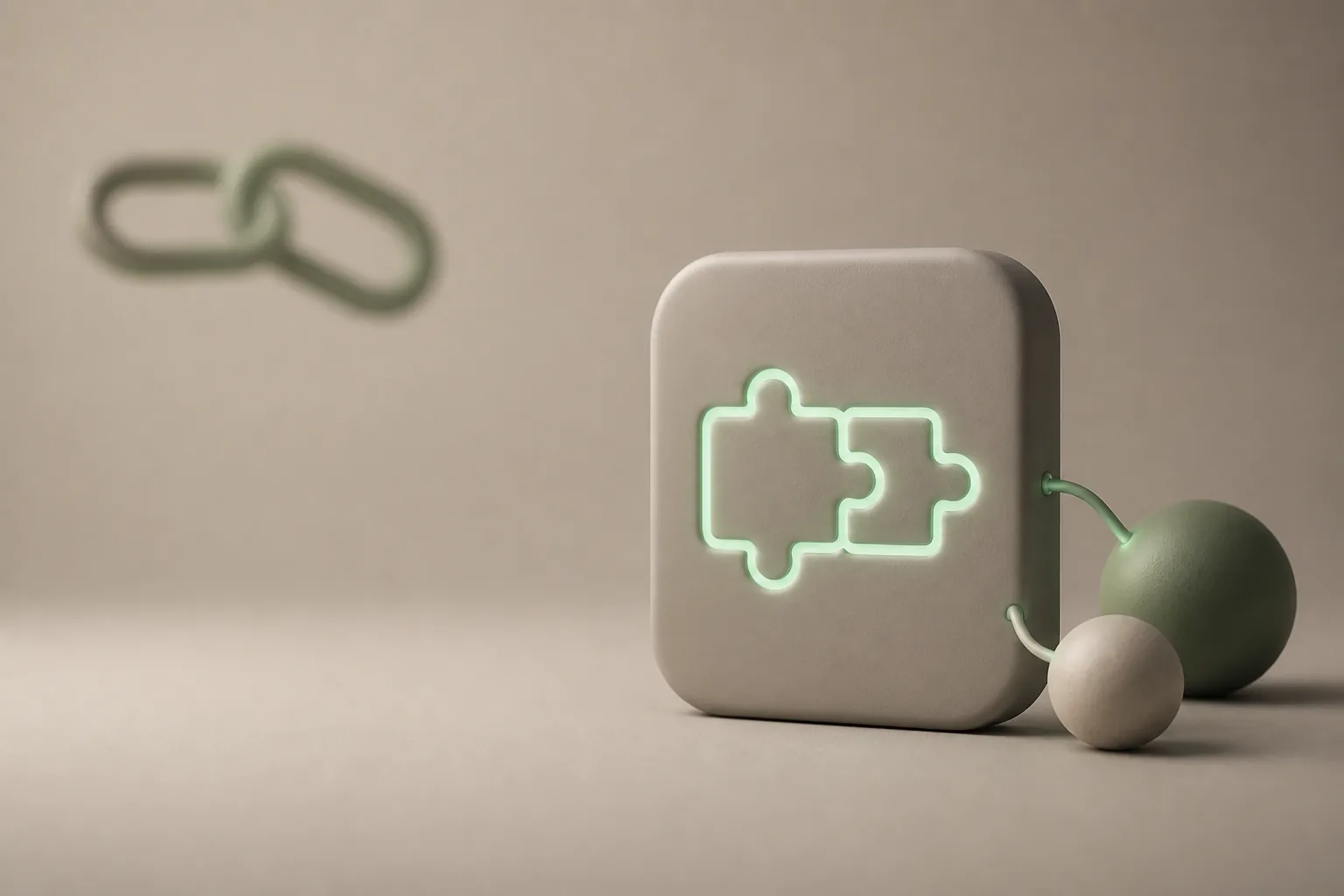 Illustration 3D taupe et vert sauge : tuile mate gravée de deux pièces de puzzle lumineuses reliées à des sphères par des câbles, symbole de la connexion des outils par ROJEO IA