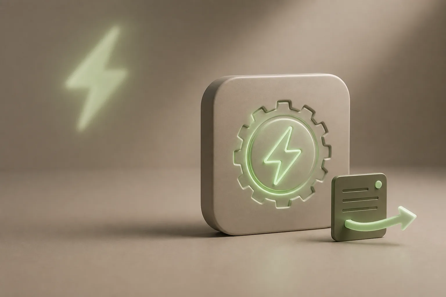 Illustration 3D taupe et vert sauge : tuile mate gravée d’un éclair dans un engrenage lumineux avec flèche d’action, symbole des automatisations déclenchées par ROJEO IA