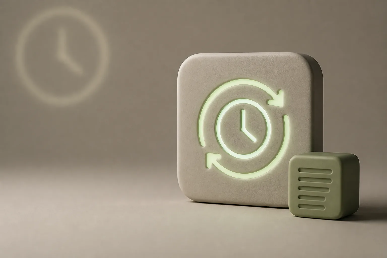 Illustration 3D taupe et vert sauge : tuile mate gravée de flèches en boucle autour d’une horloge lumineuse, symbole du temps gagné sur les tâches répétitives avec ROJEO IA
