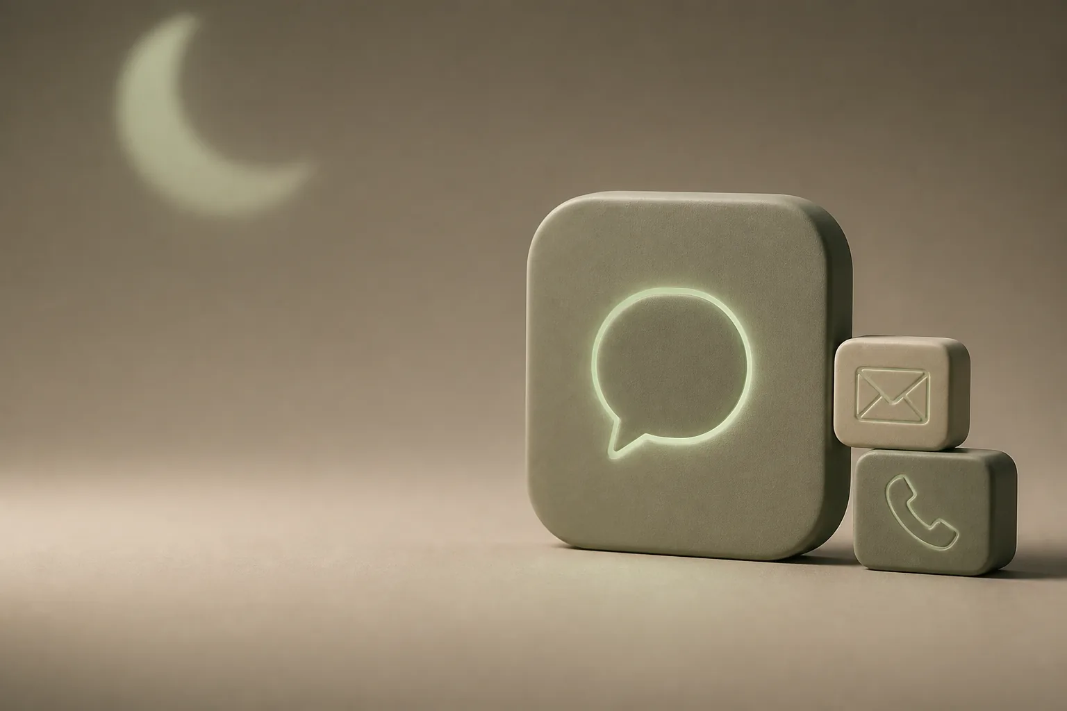 Illustration 3D taupe et vert sauge : tuile mate gravée d’une bulle de discussion lumineuse entourée d’icônes e-mail et téléphone, symbole du chatbot SAV ROJEO IA présent sur tous les canaux