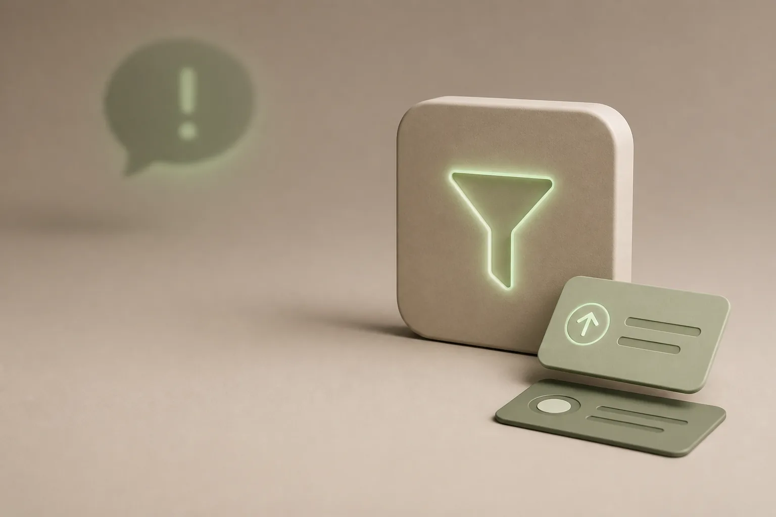 Illustration 3D taupe et vert sauge : tuile mate gravée d’un entonnoir de filtrage lumineux et deux fiches, symbole du chatbot SAV ROJEO IA qui qualifie et transmet les demandes