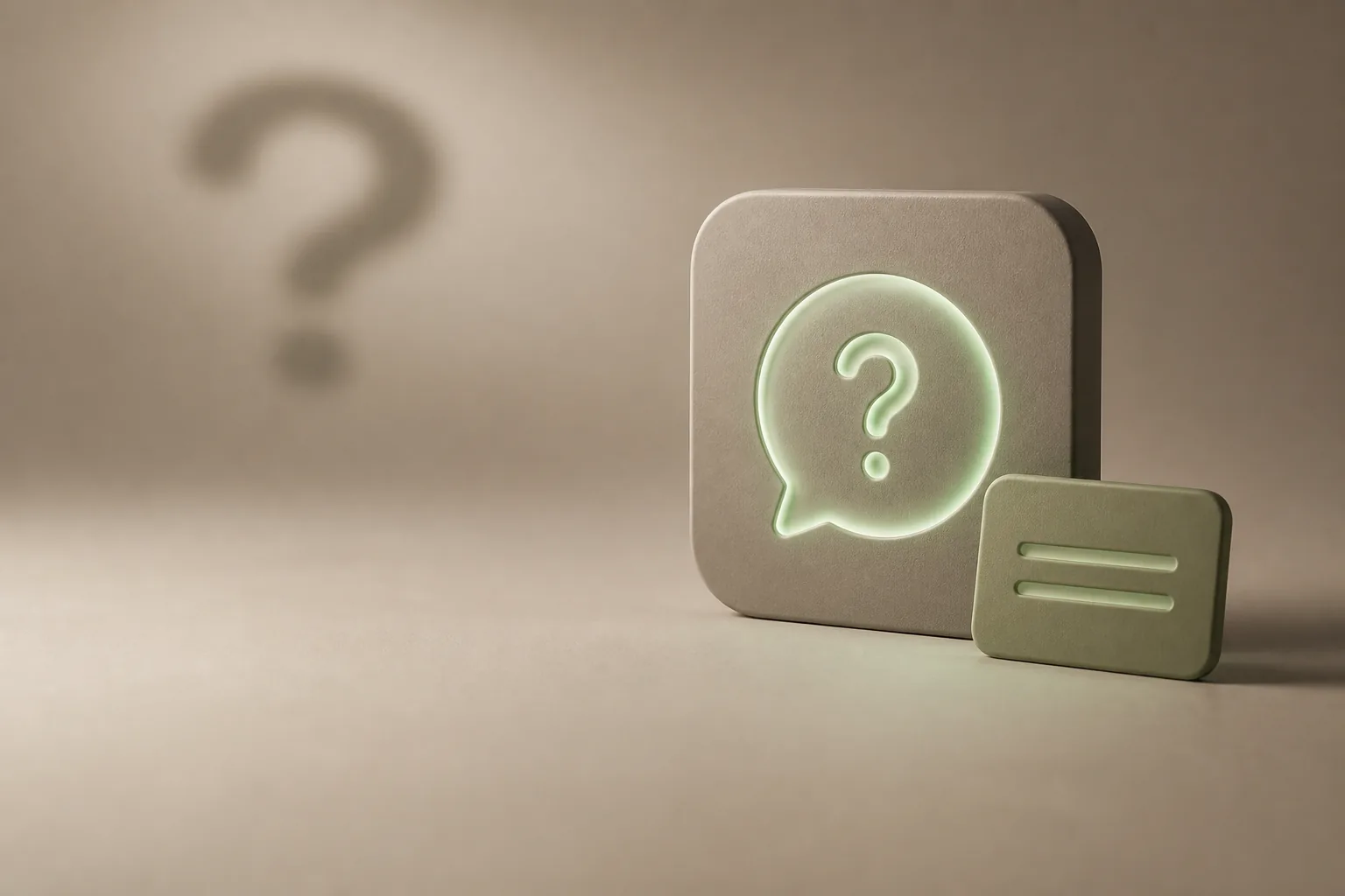 Illustration 3D taupe et vert sauge : tuile mate gravée d’une bulle de discussion lumineuse avec point d’interrogation, symbole du chatbot SAV ROJEO IA qui répond instantanément