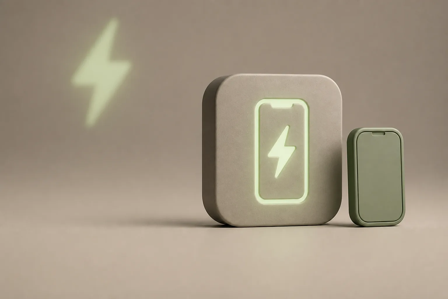Illustration 3D taupe et vert sauge : tuile mate gravée d’un smartphone lumineux avec éclair de rapidité, symbole des sites web rapides et mobiles créés par ROJEO IA