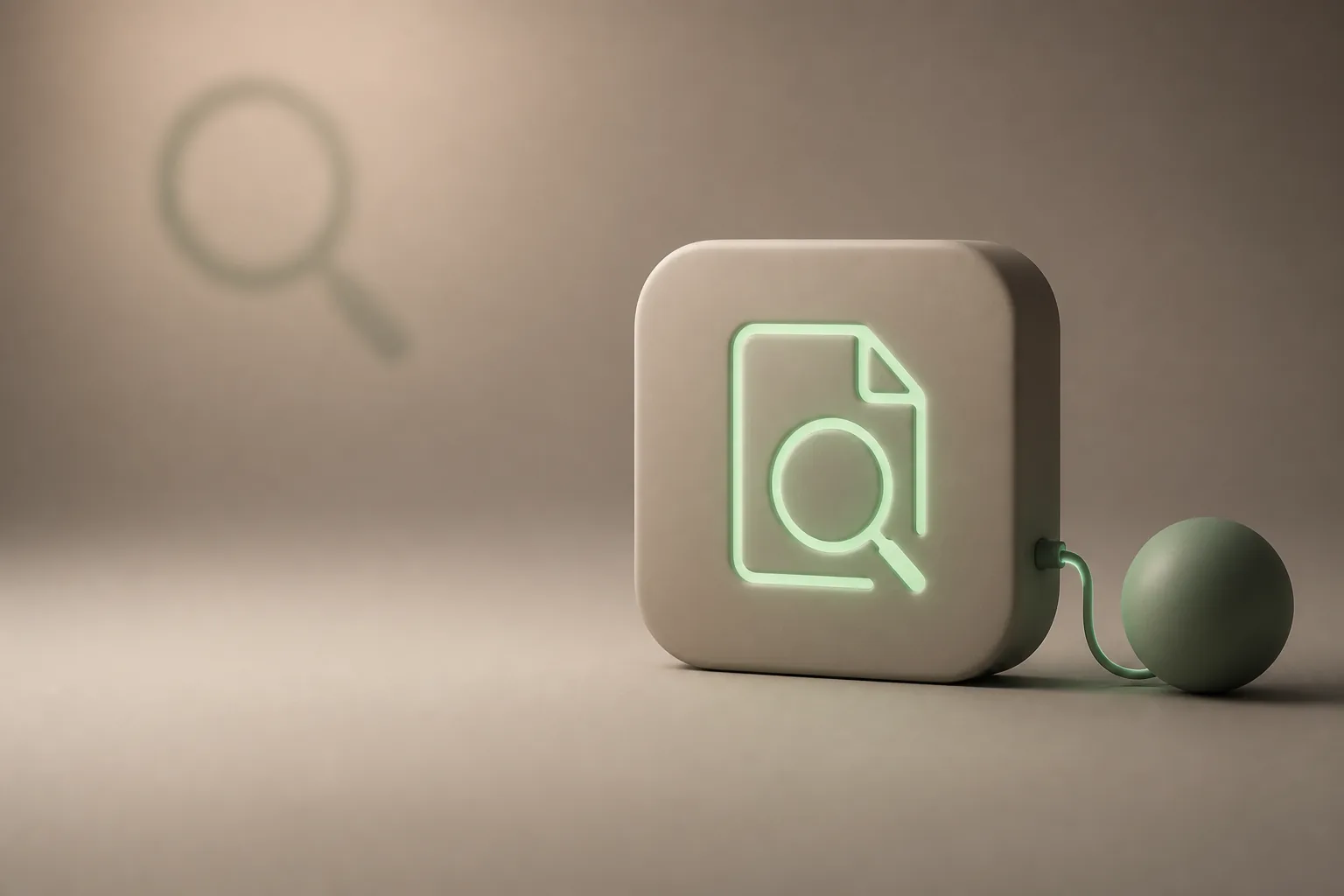 Illustration 3D taupe et vert sauge : tuile mate gravée d’une loupe lumineuse reliée à une sphère par un câble, symbole du site web connecté et référencé par ROJEO IA