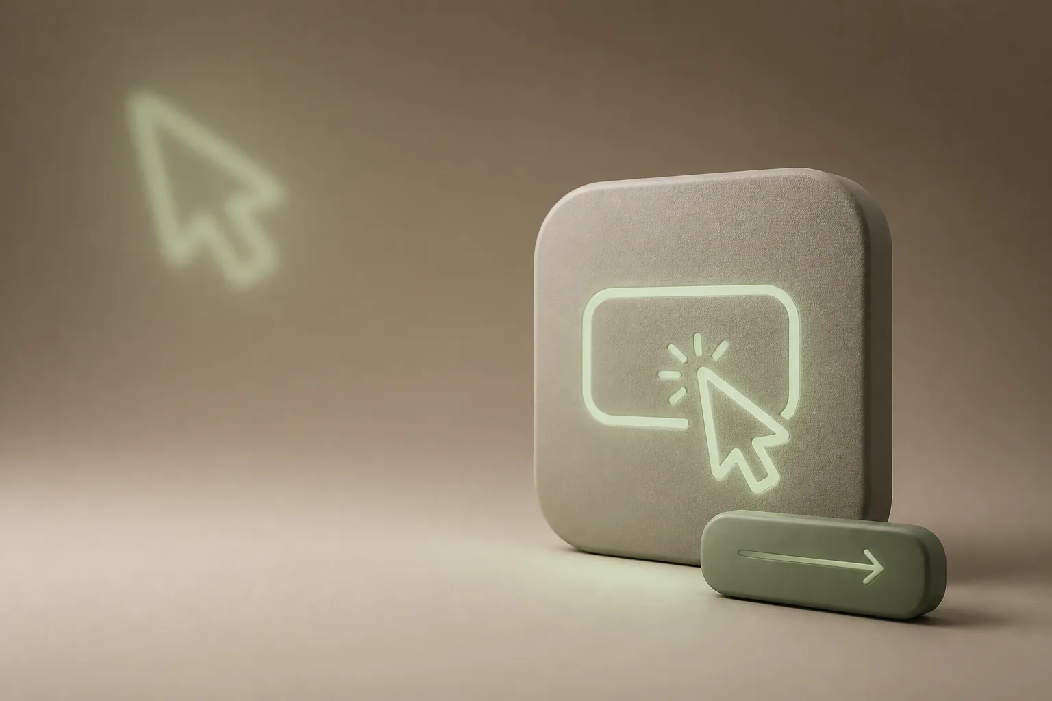 Illustration 3D taupe et vert sauge : tuile mate gravée d’un curseur lumineux cliquant un bouton d’action, symbole des sites web orientés conversion de ROJEO IA