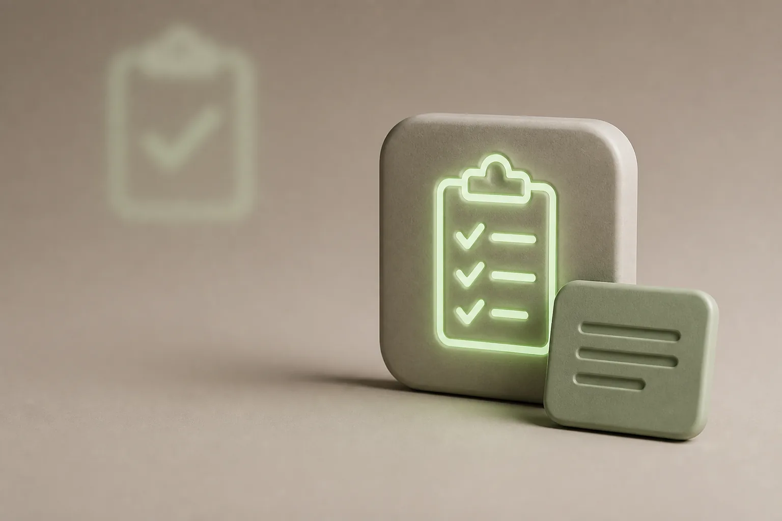 Illustration 3D taupe et vert sauge : tuile mate gravée d’une checklist lumineuse et fiche de résumé, symbole de l’agent vocal IA ROJEO IA qui qualifie chaque demande
