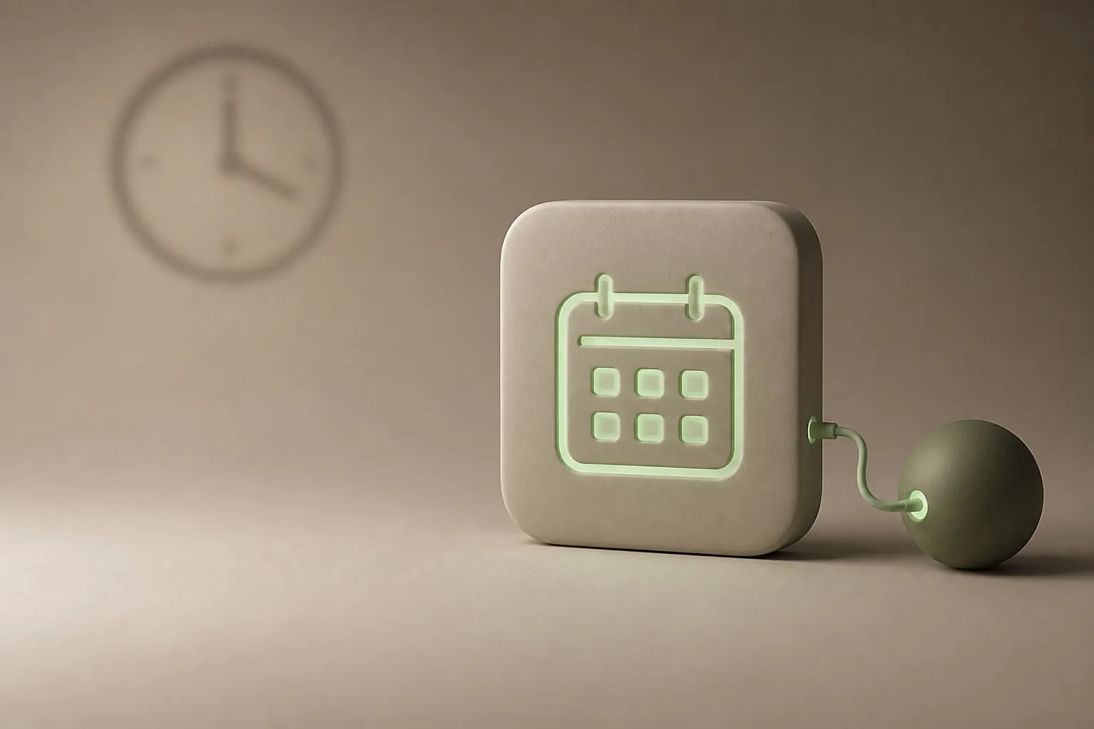 Illustration 3D taupe et vert sauge : tuile mate gravée d’un calendrier lumineux reliée à une sphère olive, symbole de l’agent vocal IA ROJEO IA connecté à votre agenda
