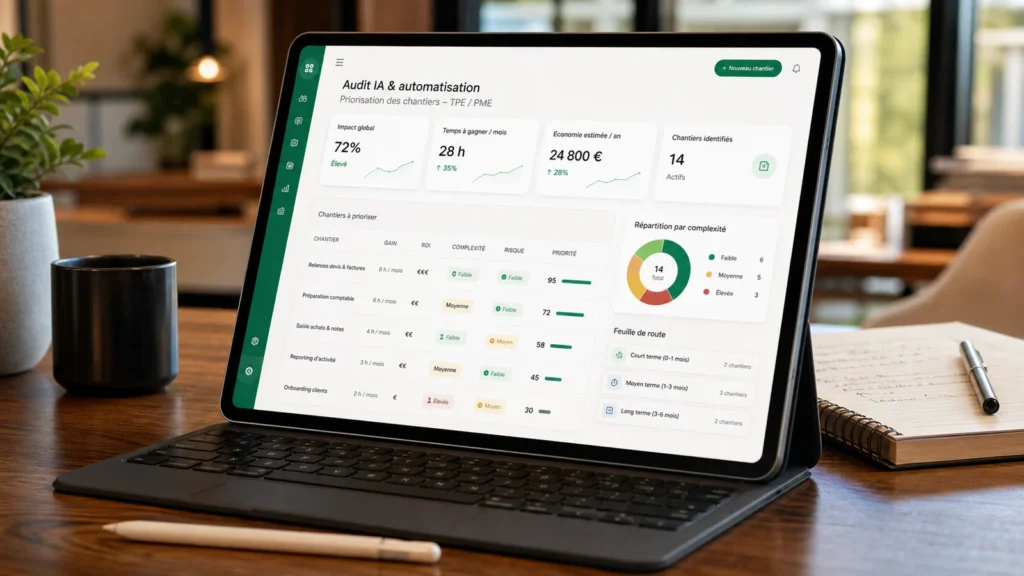 Tablette affichant un tableau de bord d audit IA et de priorisation des automatisations en TPE PME