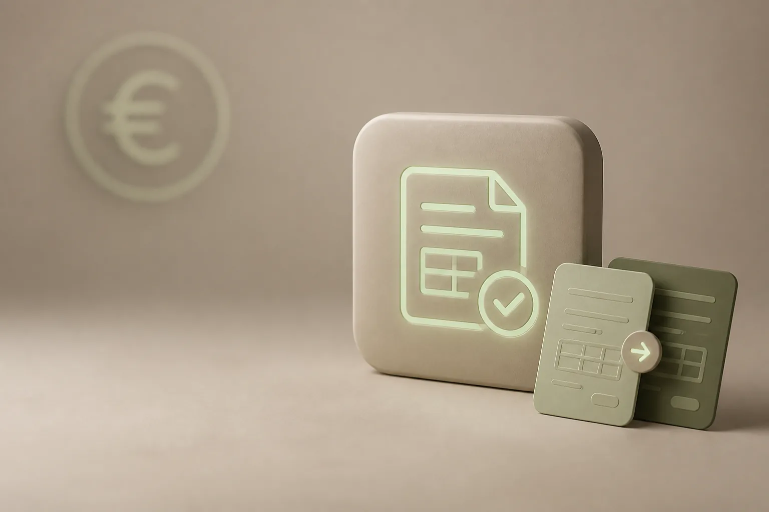 Illustration 3D taupe et vert sauge : tuile mate gravée d’une facture lumineuse avec coche et documents superposés, symbole du suivi devis-facture ROJEO IA