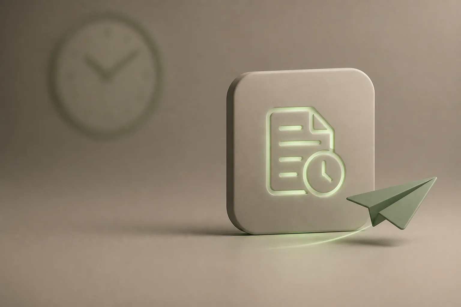 Illustration 3D taupe et vert sauge : tuile mate gravée d’un document lumineux avec horloge et avion en papier, symbole des relances de devis automatiques ROJEO IA