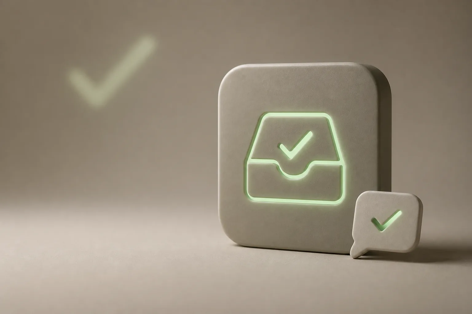 Illustration 3D taupe et vert sauge : tuile mate gravée d’une boîte de réception lumineuse avec coche et bulle de réponse, symbole du suivi automatisé ROJEO IA