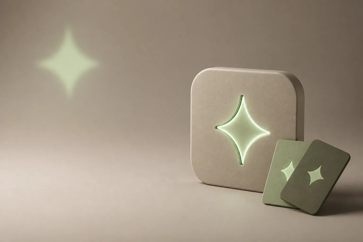 Illustration 3D taupe et vert sauge : tuile mate gravée d’une étincelle lumineuse avec variantes de publications, symbole du contenu généré par IA chez ROJEO IA