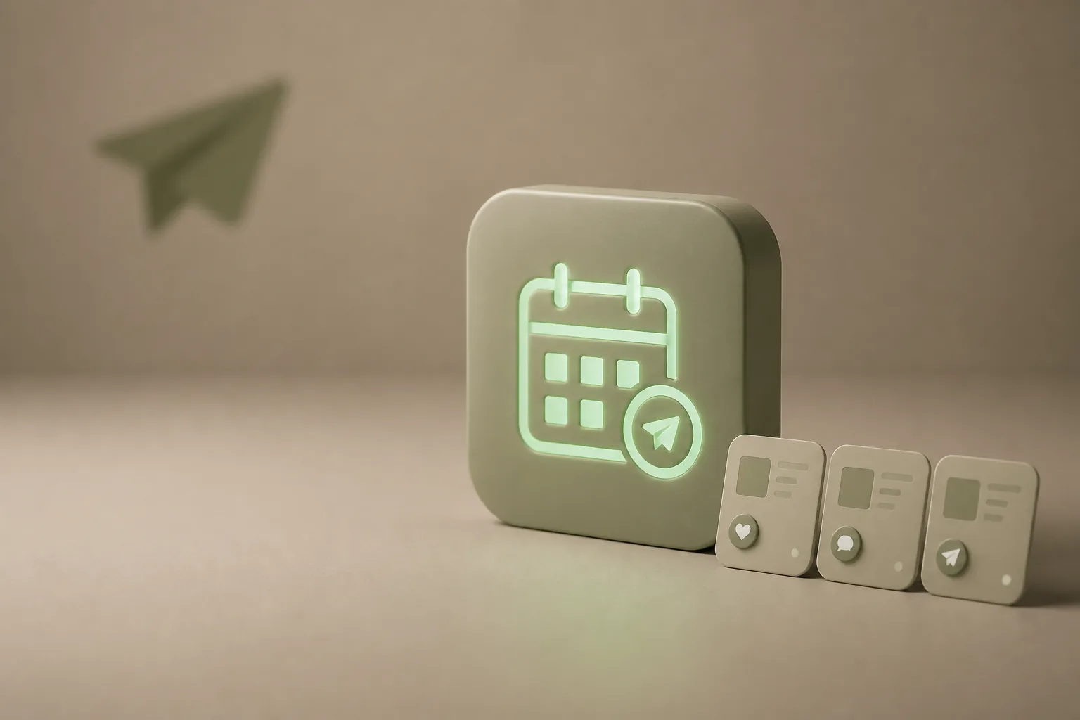 Illustration 3D taupe et vert sauge : tuile mate gravée d’un calendrier lumineux avec flèche d’envoi et publications alignées, symbole de la programmation de contenus ROJEO IA