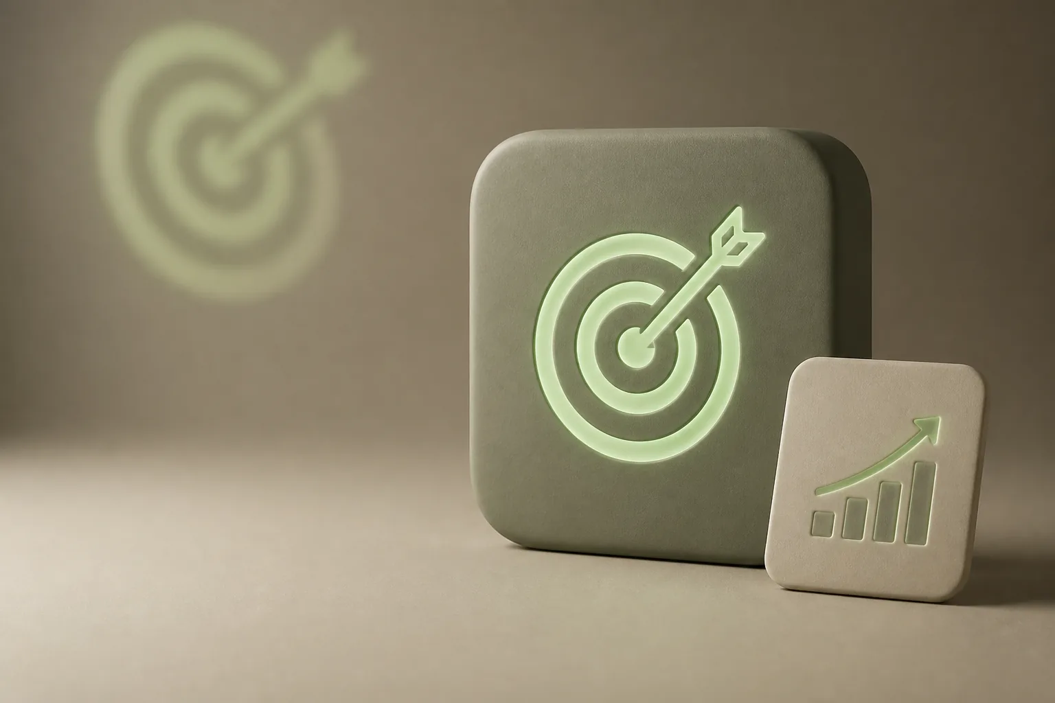 Illustration 3D taupe et vert sauge : tuile mate gravée d’une cible lumineuse avec flèche ascendante et graphique de résultats, symbole des campagnes publicitaires suivies par ROJEO IA