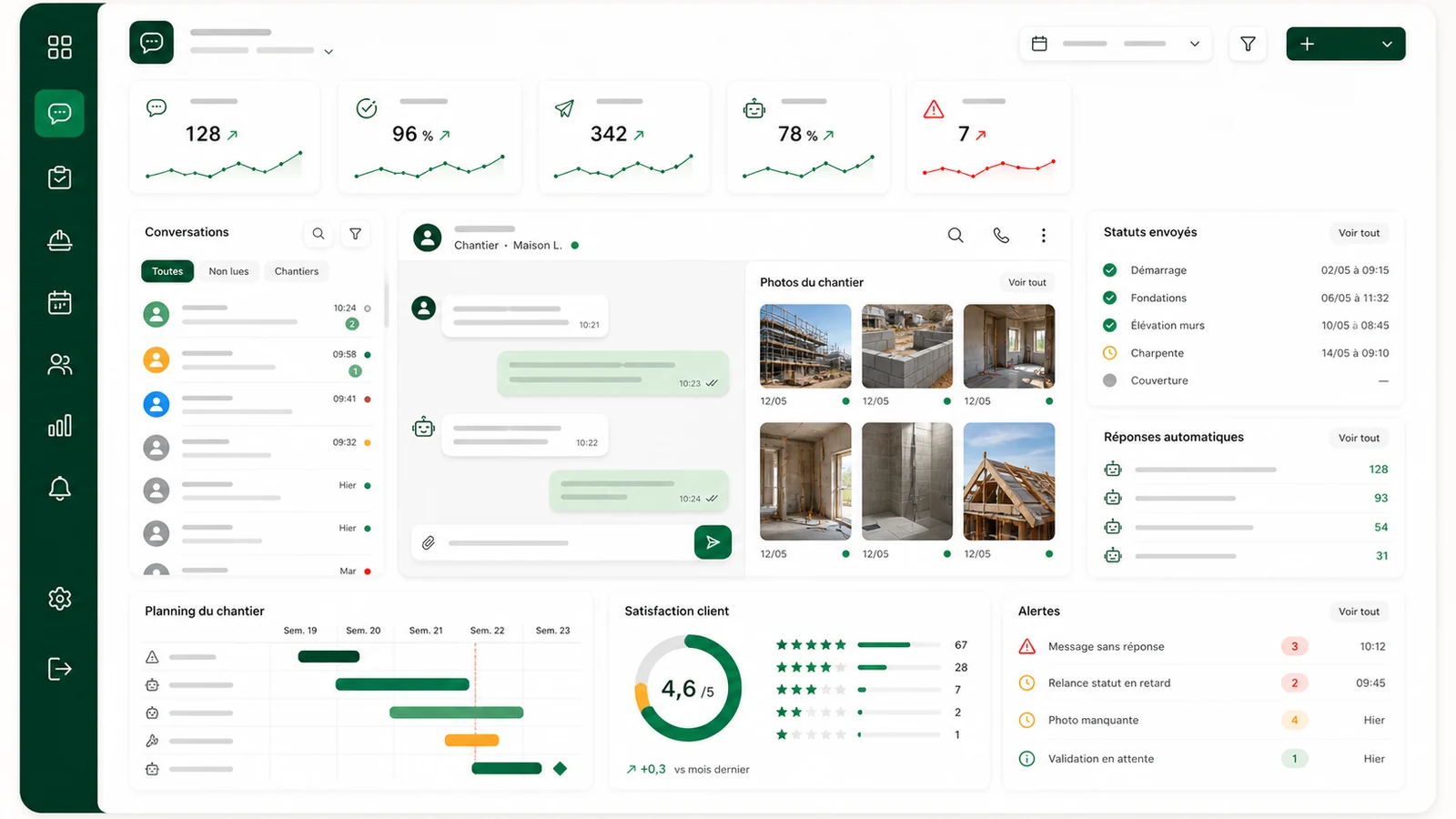 Tableau de bord UI mockup pour suivi de chantier whatsapp